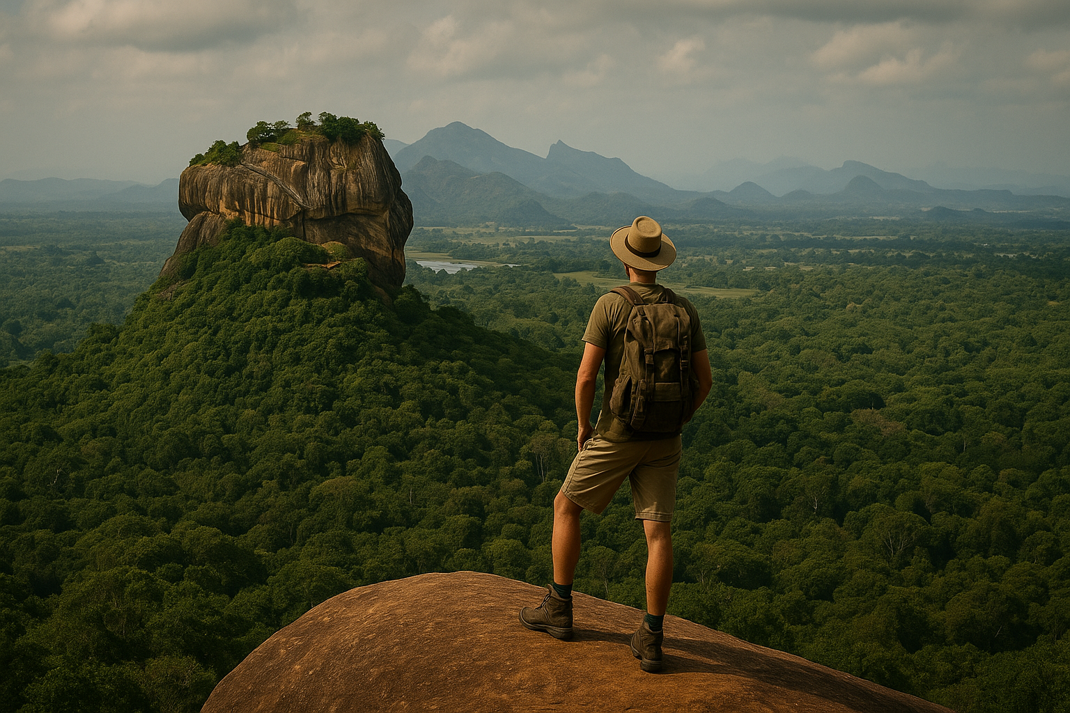 A traveller overlooking the Sigiriya Rock Fortress in Sri Lanka surrounded by lush green forest and misty mountains.