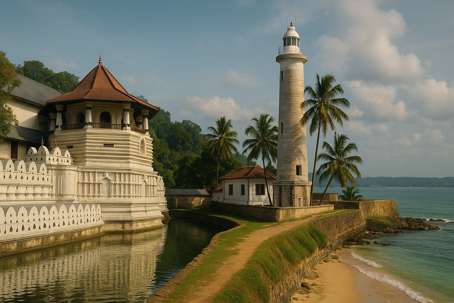 The Temple of the Sacred Tooth in Kandy and Galle Lighthouse on Sri Lanka’s southern coast captured together in a bright tropical scene.