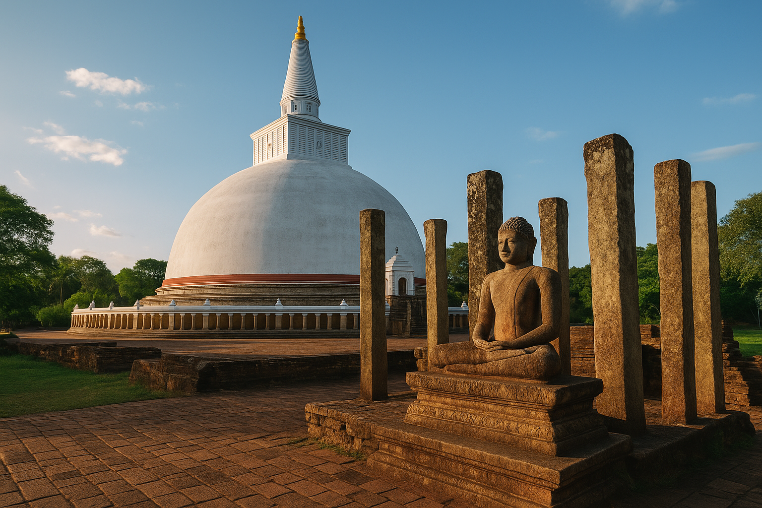 Ruwanwelisaya Stupa with ancient Buddha statue and stone pillars at sunset in Anuradhapura, Sri Lanka.