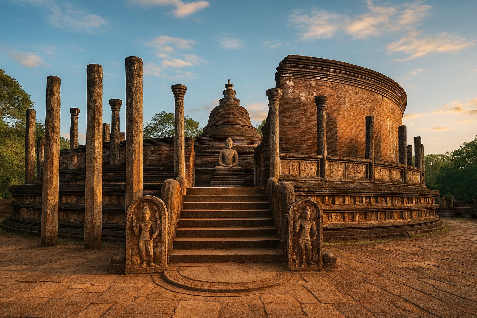 Ancient Vatadage temple ruins with Buddha statue at sunset in Polonnaruwa, Sri Lanka.