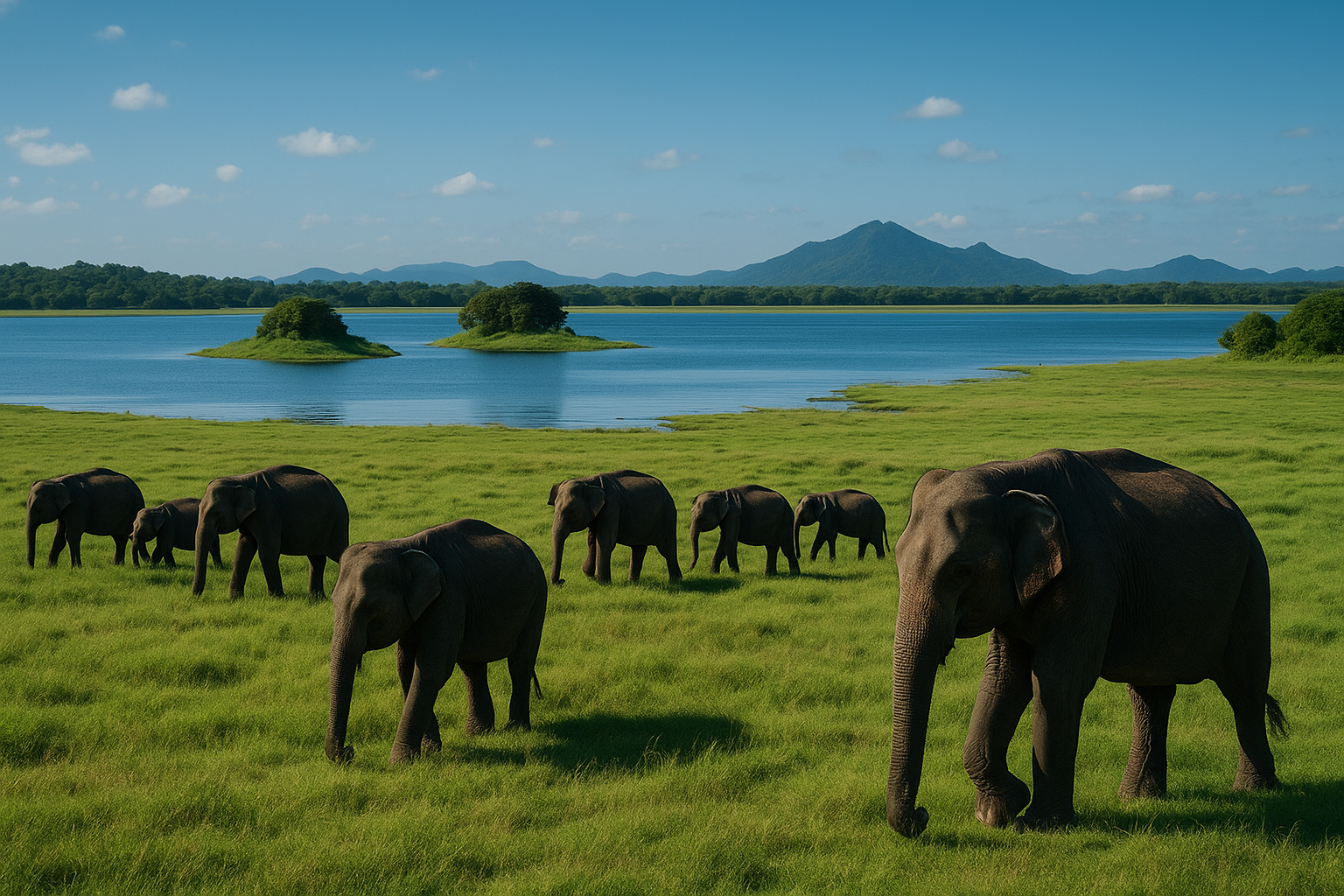 A herd of wild elephants grazing near a lake in Minneriya National Park, Sri Lanka, with mountains in the background.