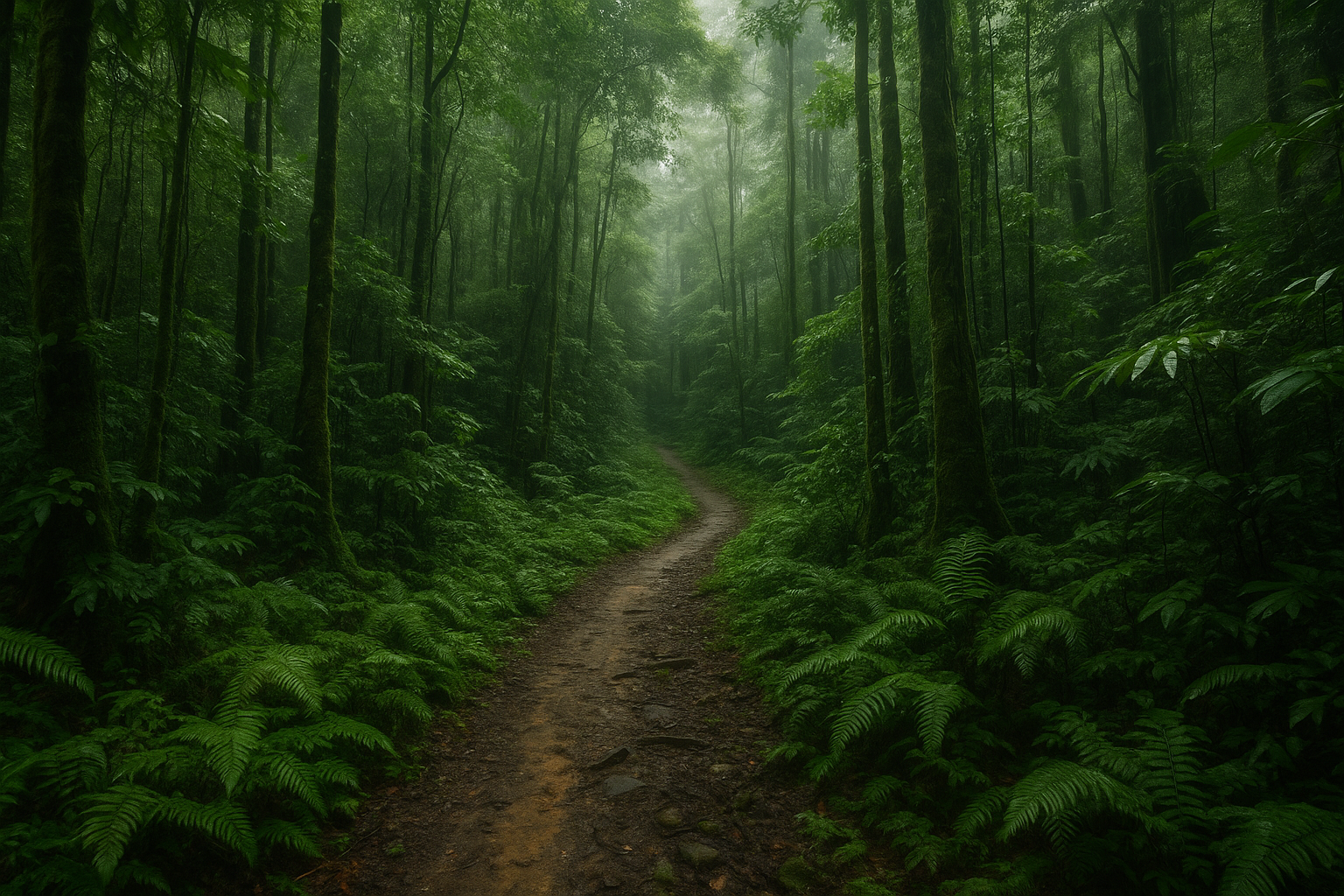Dense tropical rainforest path in Sinharaja Forest Reserve, Sri Lanka, surrounded by lush green ferns and mist.