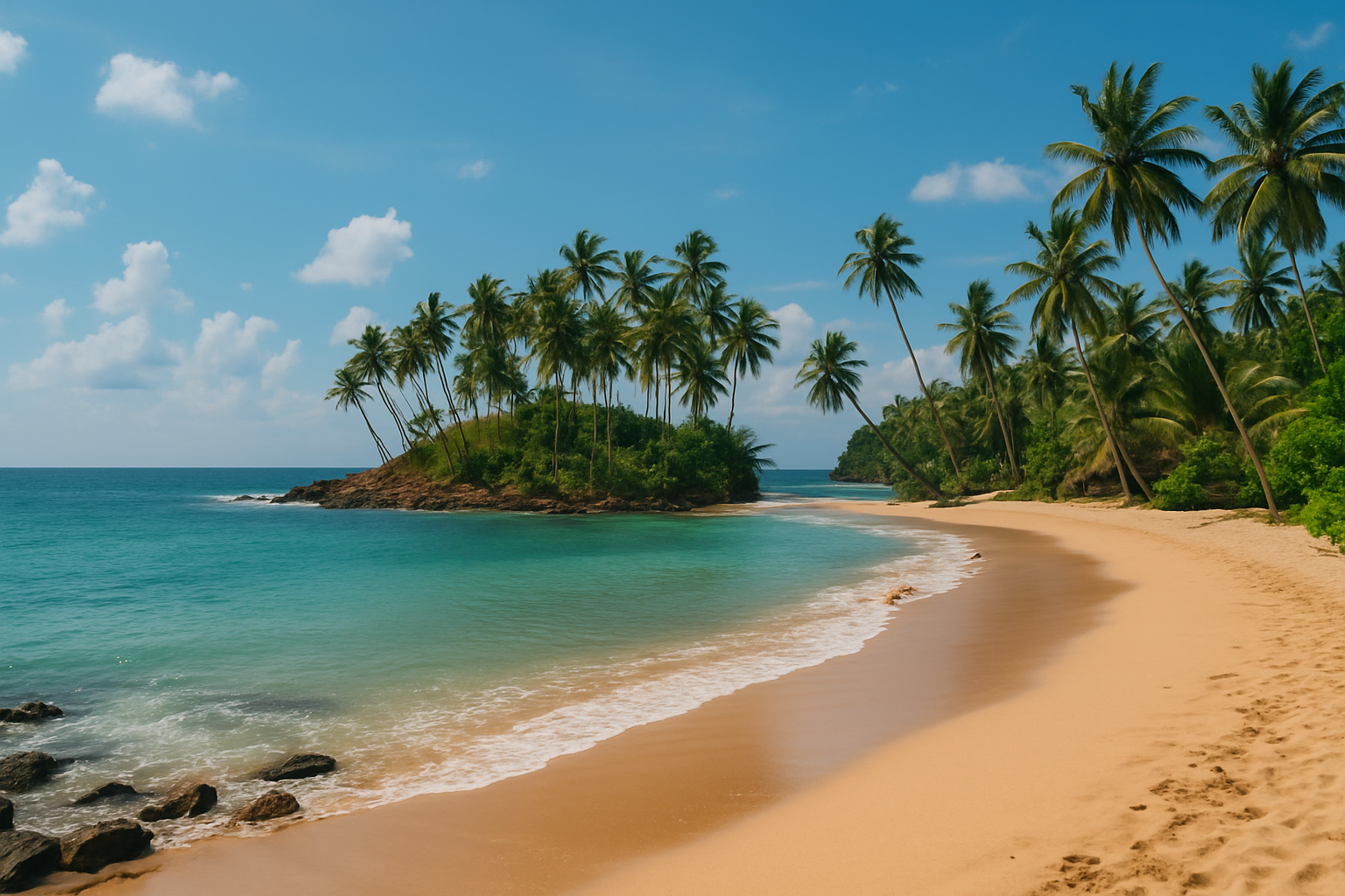 Golden sands and turquoise waters of Mirissa Beach, Sri Lanka, lined with palm trees under a bright blue sky.