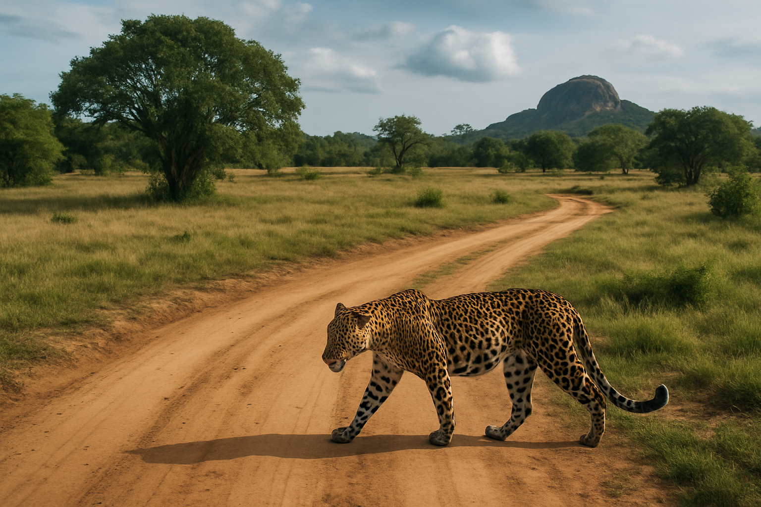 A Sri Lankan leopard walking along a dirt road in Yala National Park with a rocky hill and grassy plains in the background.