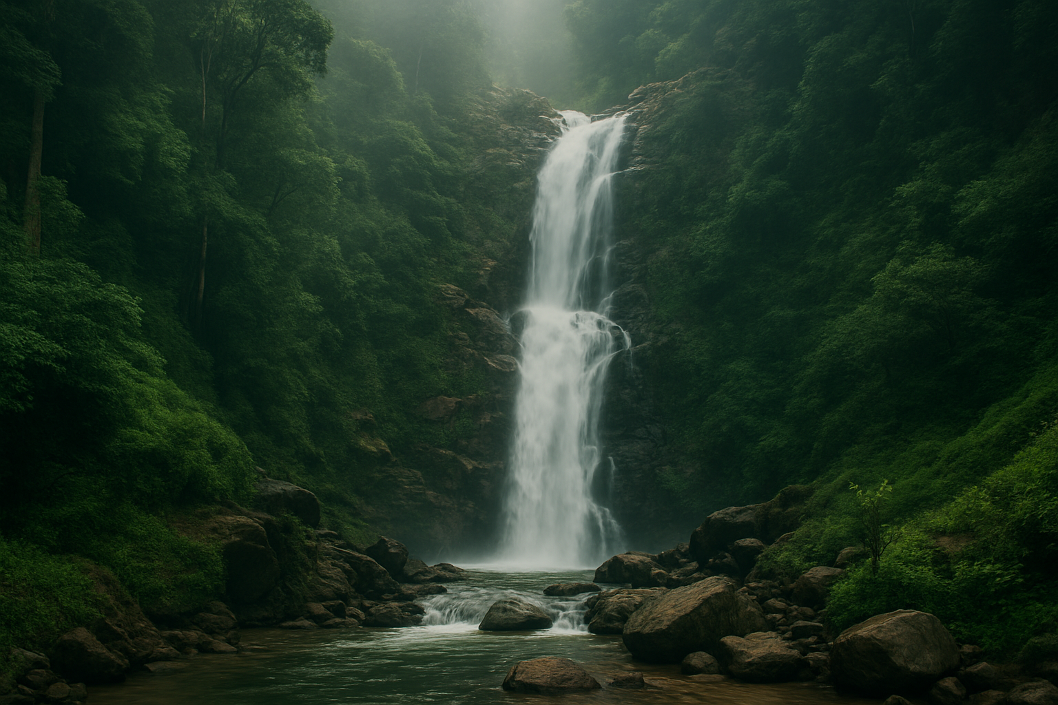 Ravana Falls cascading down a rocky cliff surrounded by lush green forest in Ella, Sri Lanka.