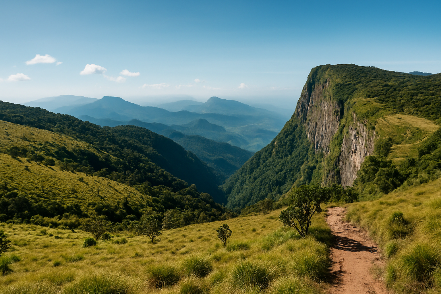 Panoramic view of Horton Plains and World’s End cliff in Sri Lanka, showing rolling grasslands and misty mountain ranges under a clear blue sky.