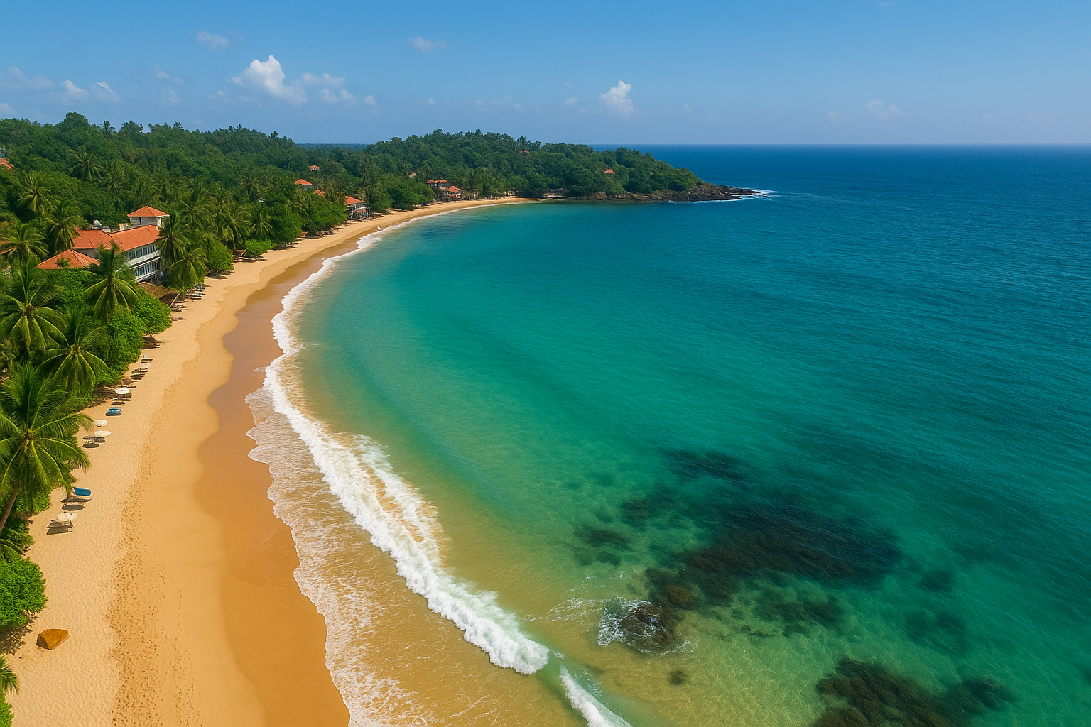 Aerial view of Unawatuna Beach in Sri Lanka showing golden sand, turquoise ocean, and palm trees along the coast.