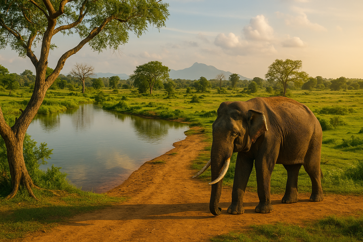 An Asian elephant walking along a dirt path beside a lake in Udawalawe National Park, Sri Lanka, surrounded by green grasslands and mountains under golden evening light.