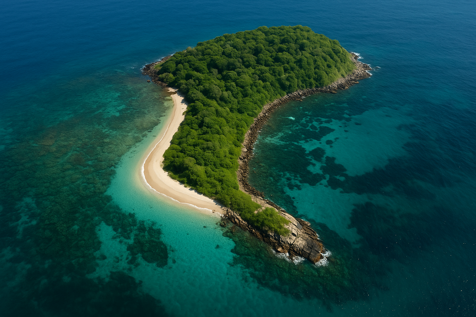 Aerial view of Pigeon Island National Park in Sri Lanka, showing turquoise coral reefs, white sandy beaches, and lush green forest surrounded by the Indian Ocean.
