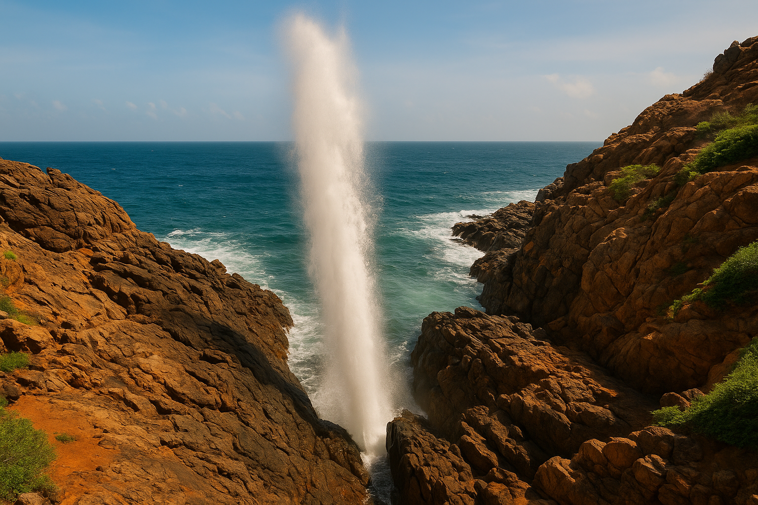 Hummanaya Blowhole in Sri Lanka spraying seawater high into the air between rocky cliffs along the southern coast.