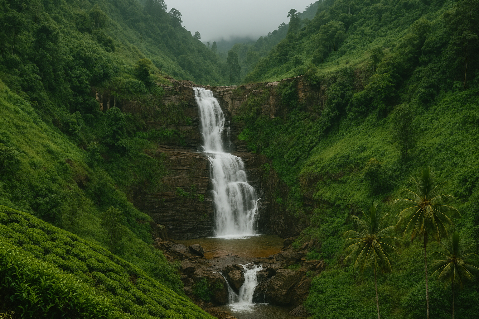 Ramboda Falls cascading through lush green hills and tea plantations in Nuwara Eliya, Sri Lanka.