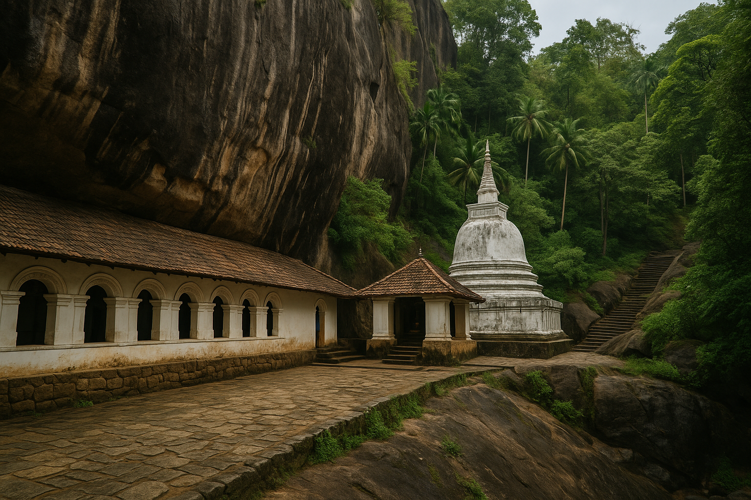 Mulkirigala Rock Temple in Sri Lanka, featuring a white stupa and cave shrine built into a rocky hillside surrounded by lush jungle.