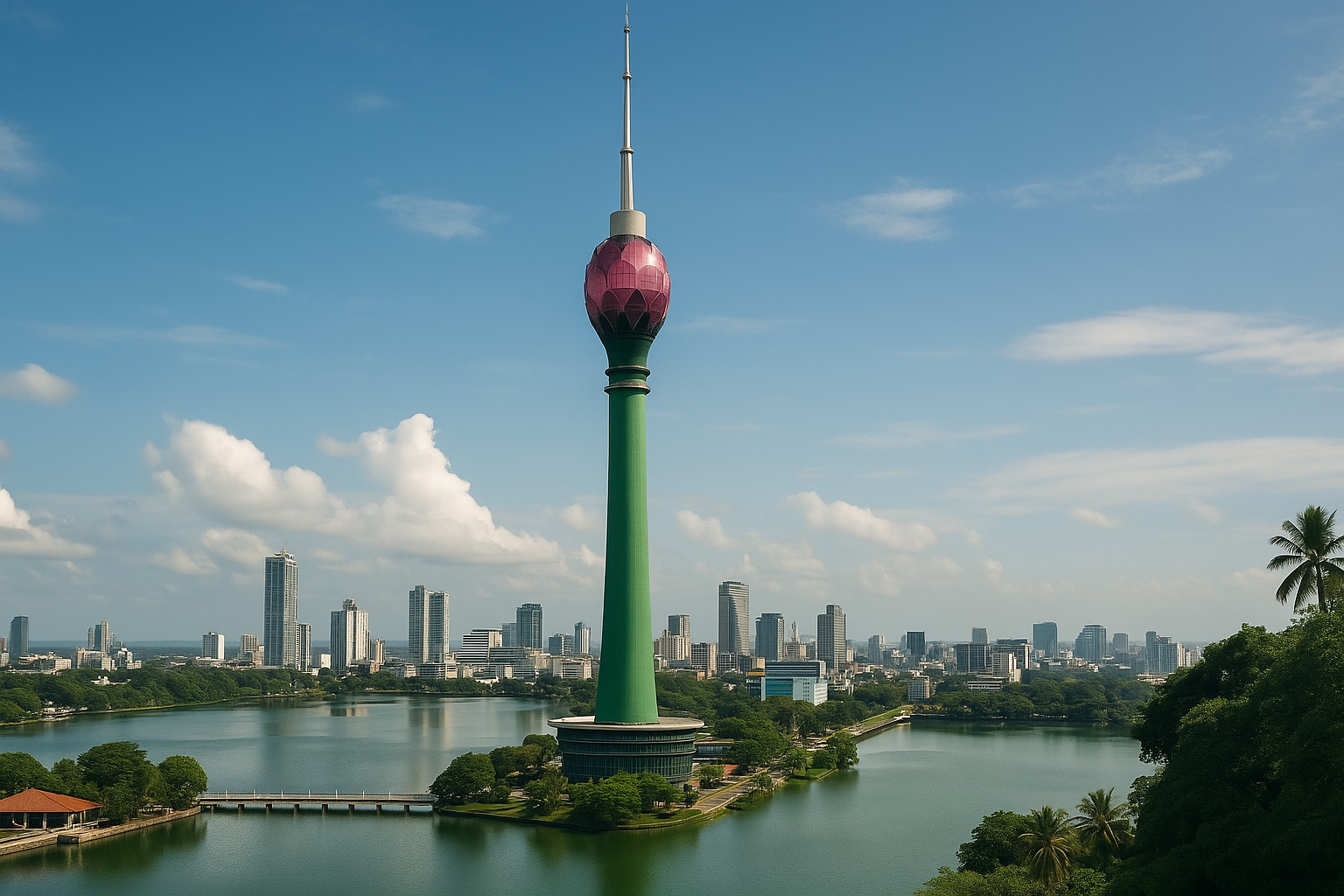 Colombo Lotus Tower rising above the city skyline with Beira Lake in the foreground during sunset in Sri Lanka.