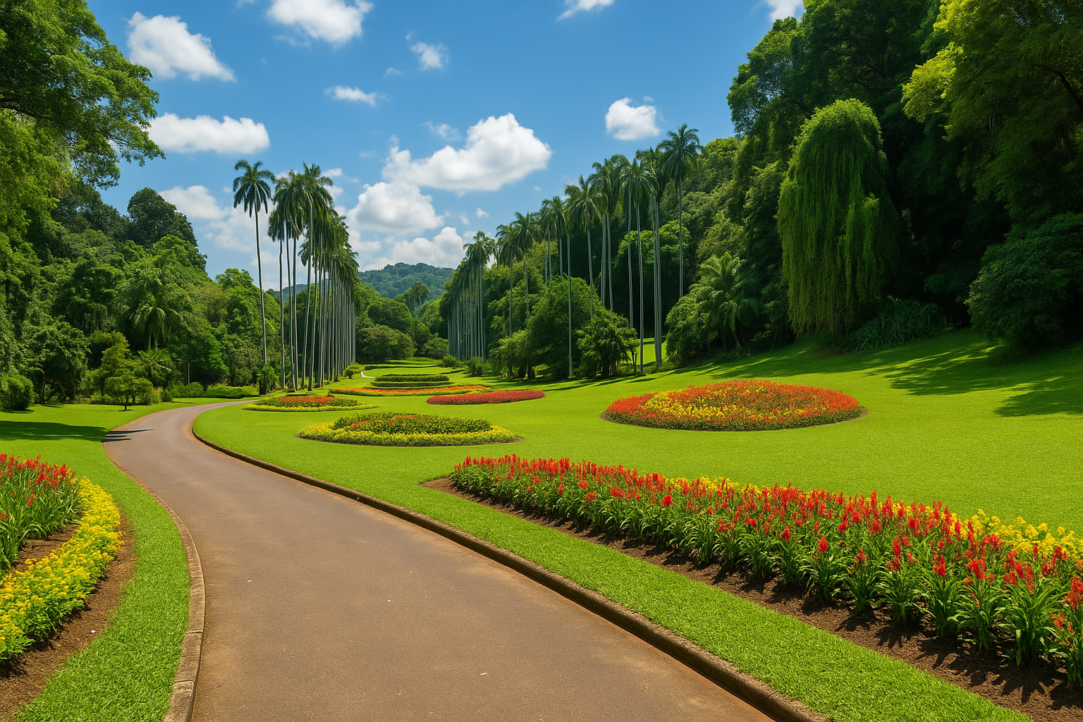 Royal Botanical Gardens in Peradeniya, Sri Lanka, featuring palm-lined pathways, lush green lawns, and vibrant tropical plants under a sunny sky.
