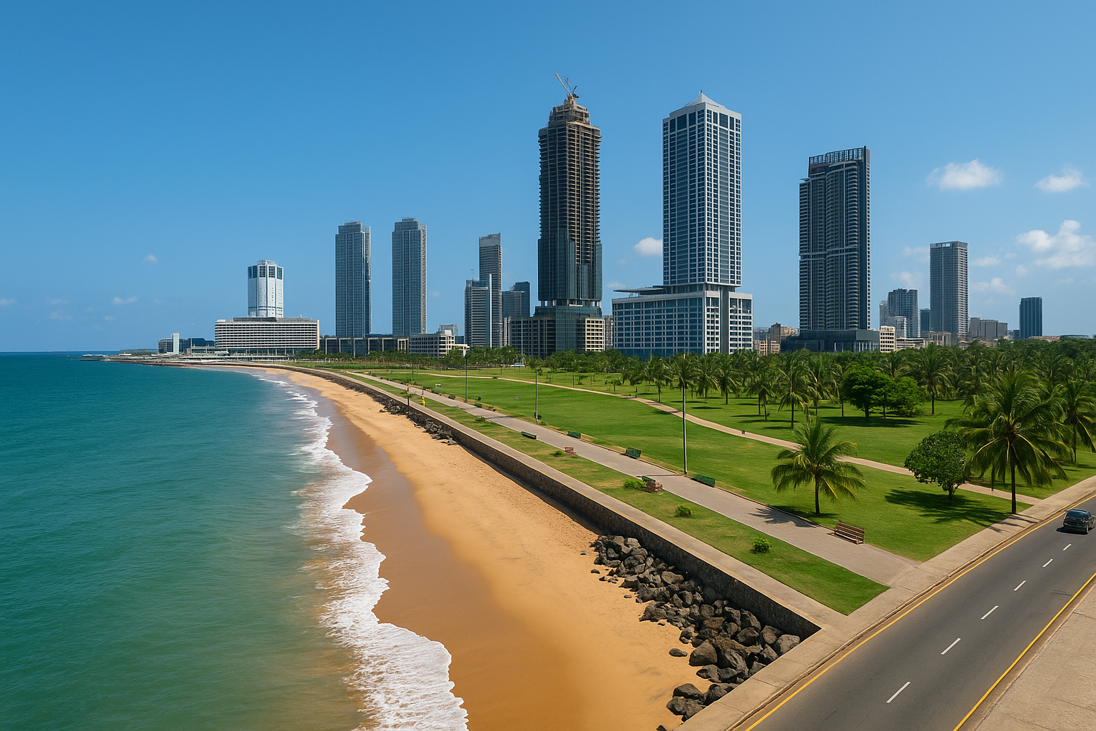 Modern skyline of Colombo Port City, Sri Lanka, with oceanfront developments, skyscrapers, and coastal promenade under a bright blue sky.
