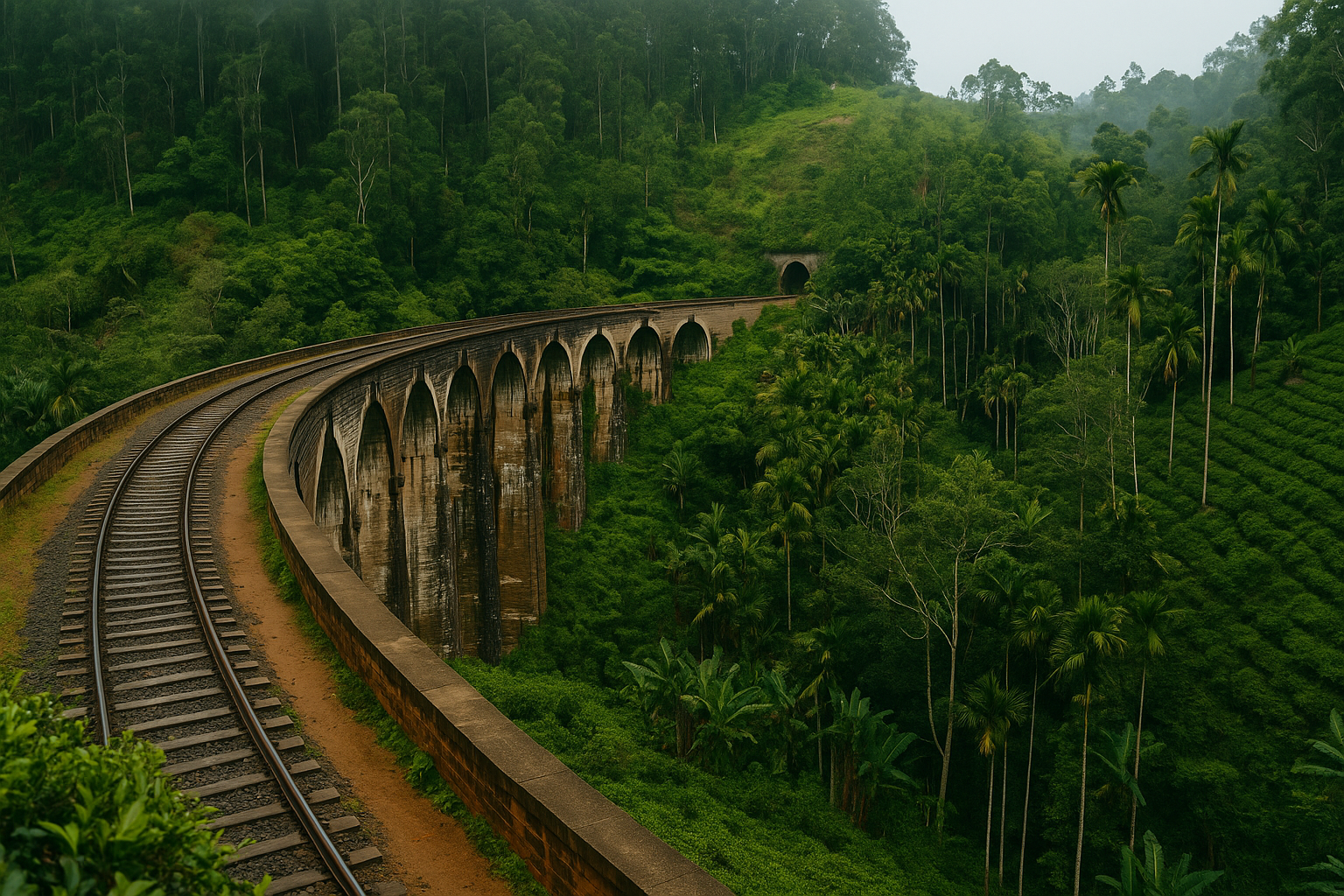 Nine Arches Bridge in Ella, Sri Lanka surrounded by lush green tea plantations and misty hills