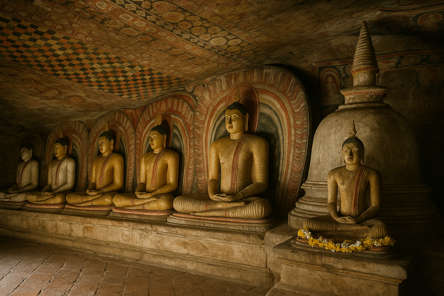 Buddha statues inside the Dambulla Cave Temple surrounded by ancient frescoes and stone carvings in Sri Lanka.